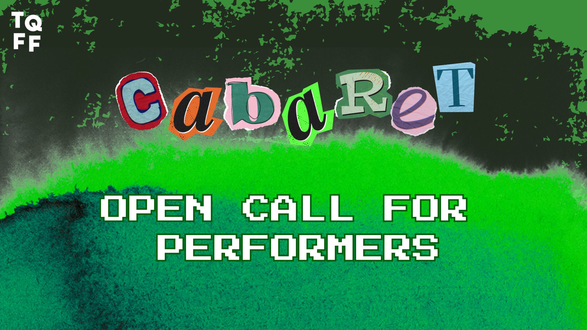 Green textured background with colourful text overlaid on top